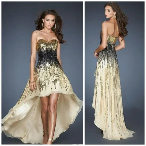 NWT La Femme Sherri Hill Strapless Sequin Hi Low Gown $657 - Picture 1 of 9